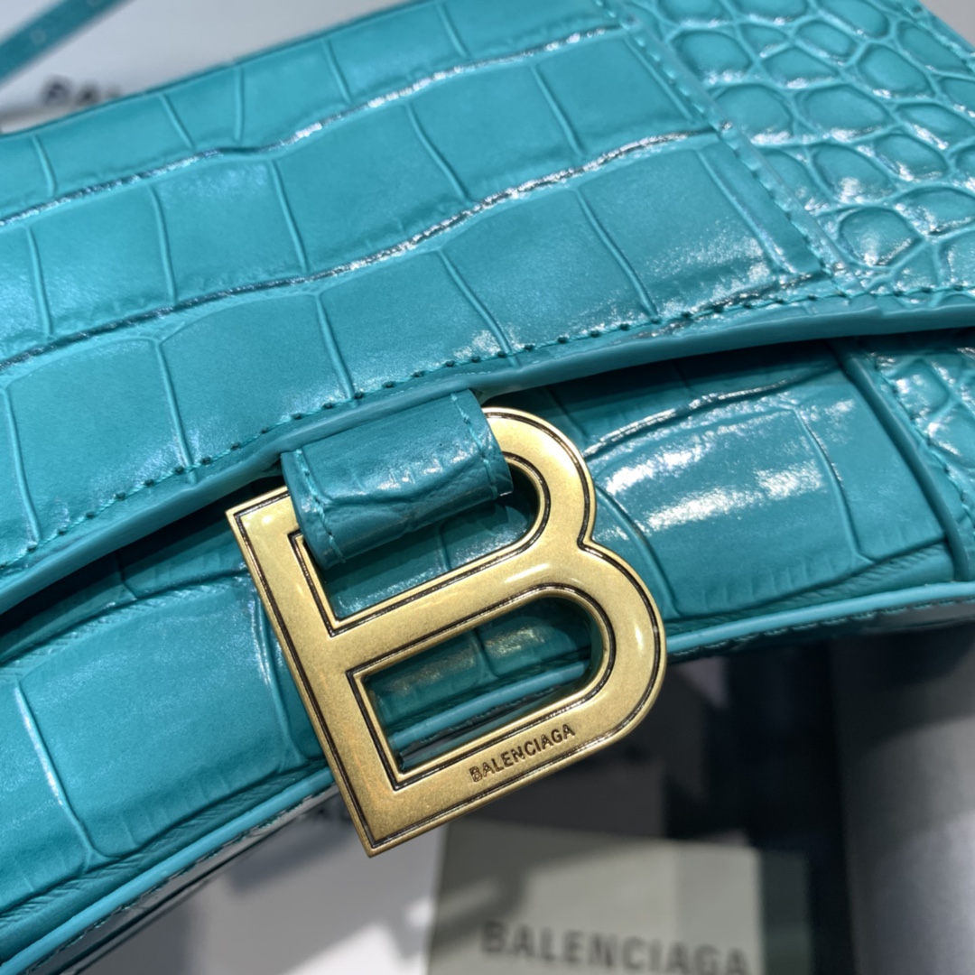 Balenciaga Hourglass XS Handbag Crocodile Embossed Shoulder Bag Green Blue